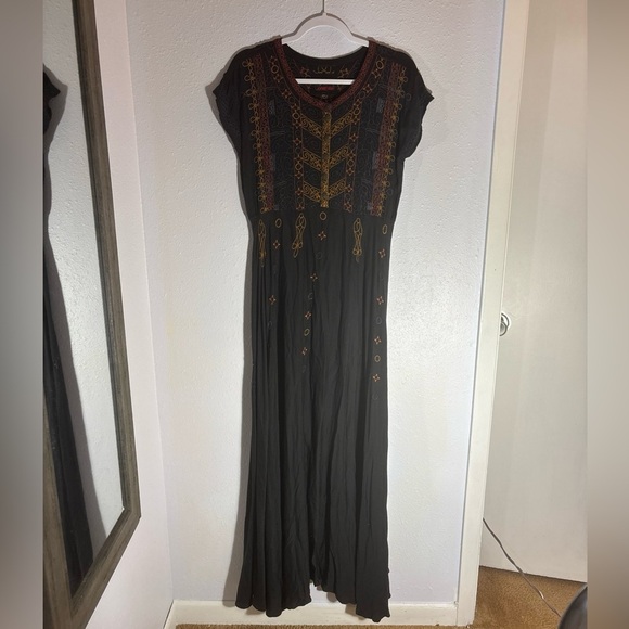JOHNNY WAS BIYA Maxi Dress Black Multicolor Embroidery Short Cap Sleeve Size M L - Picture 1 of 9